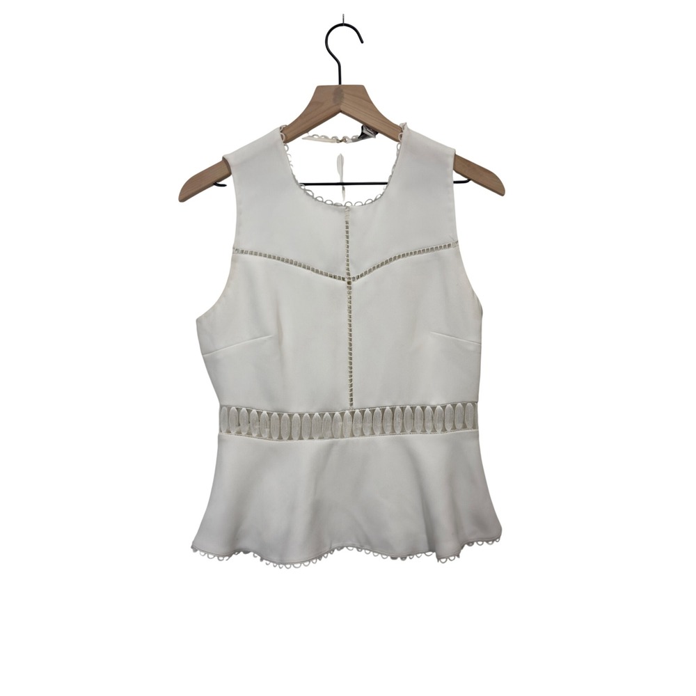 Rachel Zoe White Peplum Top Sleeveless Ladder Stitch Zip Back Blouse